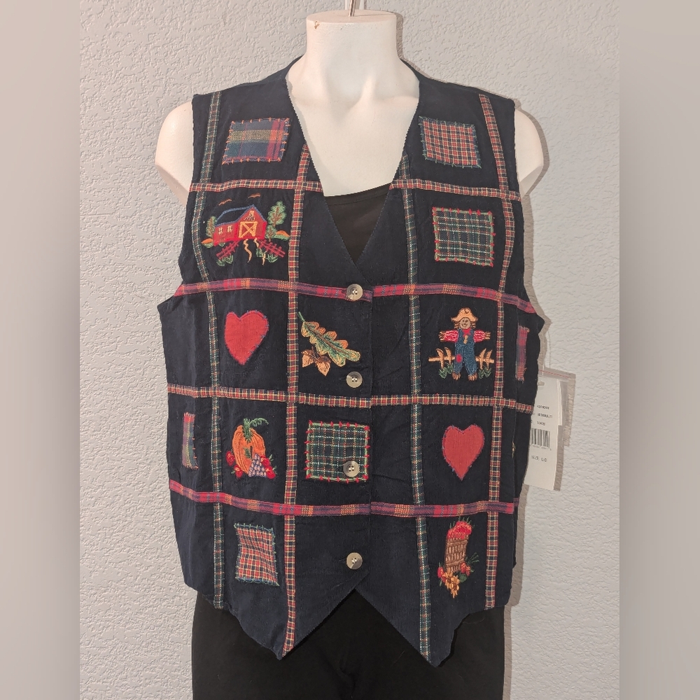 Vintage Cascade Blues Corduroy Embroidered Fall Autumn Vest Navy Size Large NWT